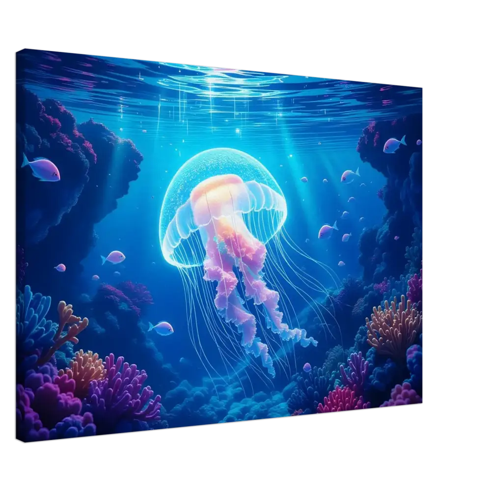 Glowing jellyfish in a vibrant coral reef for Canvas – Glowing Wanderer Cosmic Drift