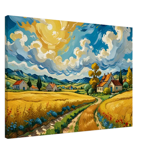 Vibrant landscape painting on Canvas – Golden Fields Reverie by PixiOnyx Pastoral Dreamscape