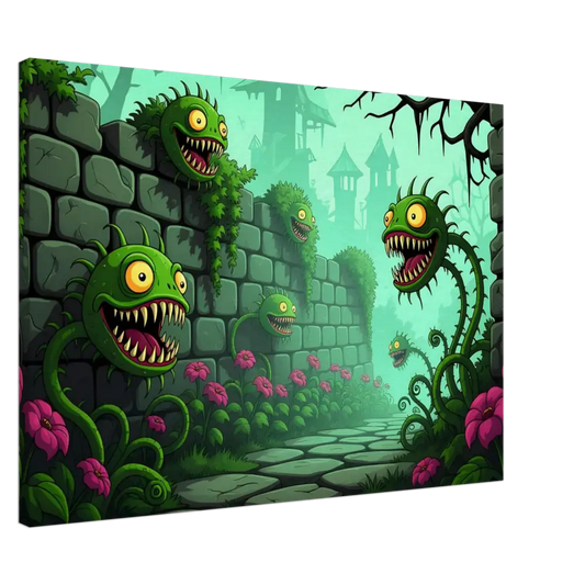 Cartoonish carnivorous plant canvas art for Surreal Fantasy Nature decor at Grinvine Grove