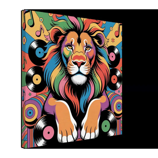Colorful pop art lion with musical notes and vinyl records in Canvas – Groove King | PixiOnyx Rhythm Jungle Stretched for walls groove