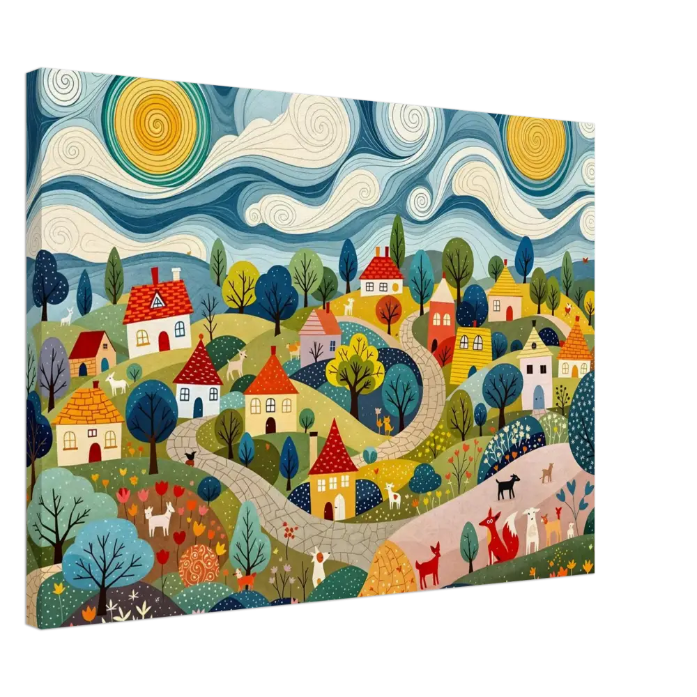 Whimsical village landscape painting from Canvas Hillside Harmony PixiOnyx Pastoral Glow Series