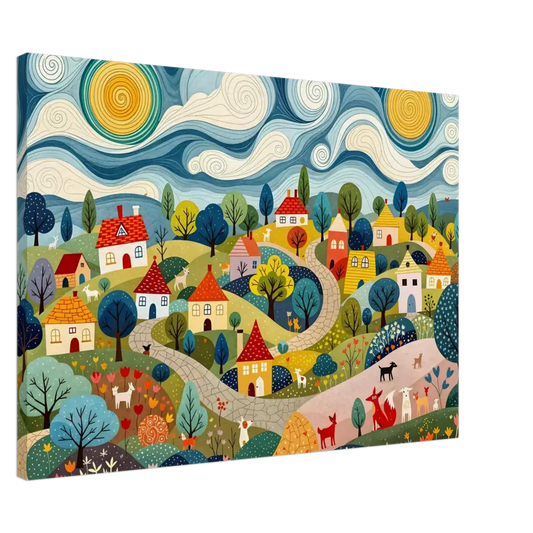 Whimsical Village Landscape Painting from Hillside Harmony Canvas by PixiOnyx Pastoral Glow Series