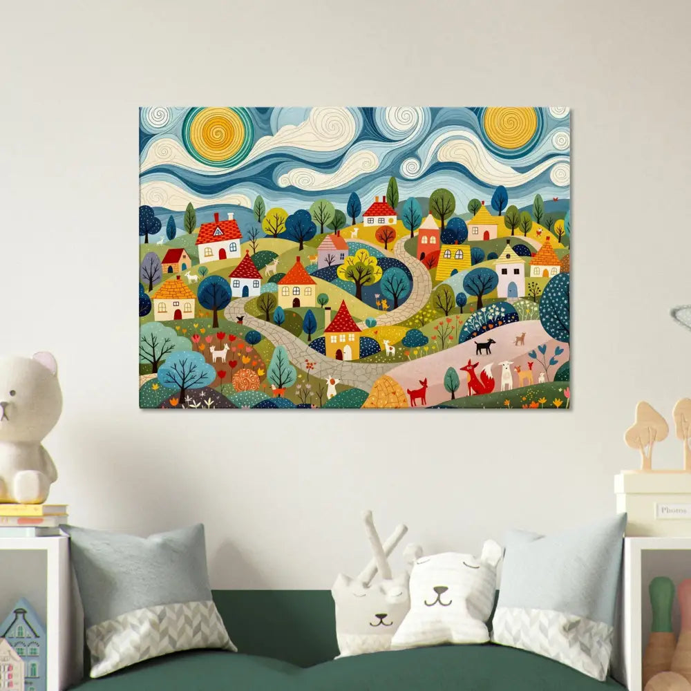 Colorful village landscape painting on Canvas Hillside Harmony PixiOnyx Pastoral Glow Series