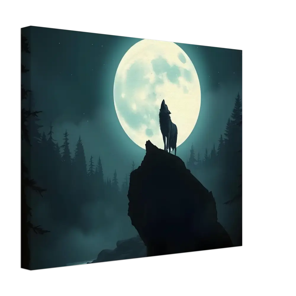 Wolf howling at the moon on a canvas artwork titled PixiOnyx Lunar Reverie