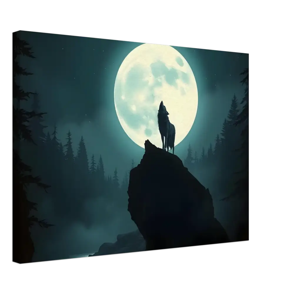 Silhouette of a howling wolf against a moonlit night sky on Canvas – Howling at the Moon | PixiOnyx Lunar Reverie