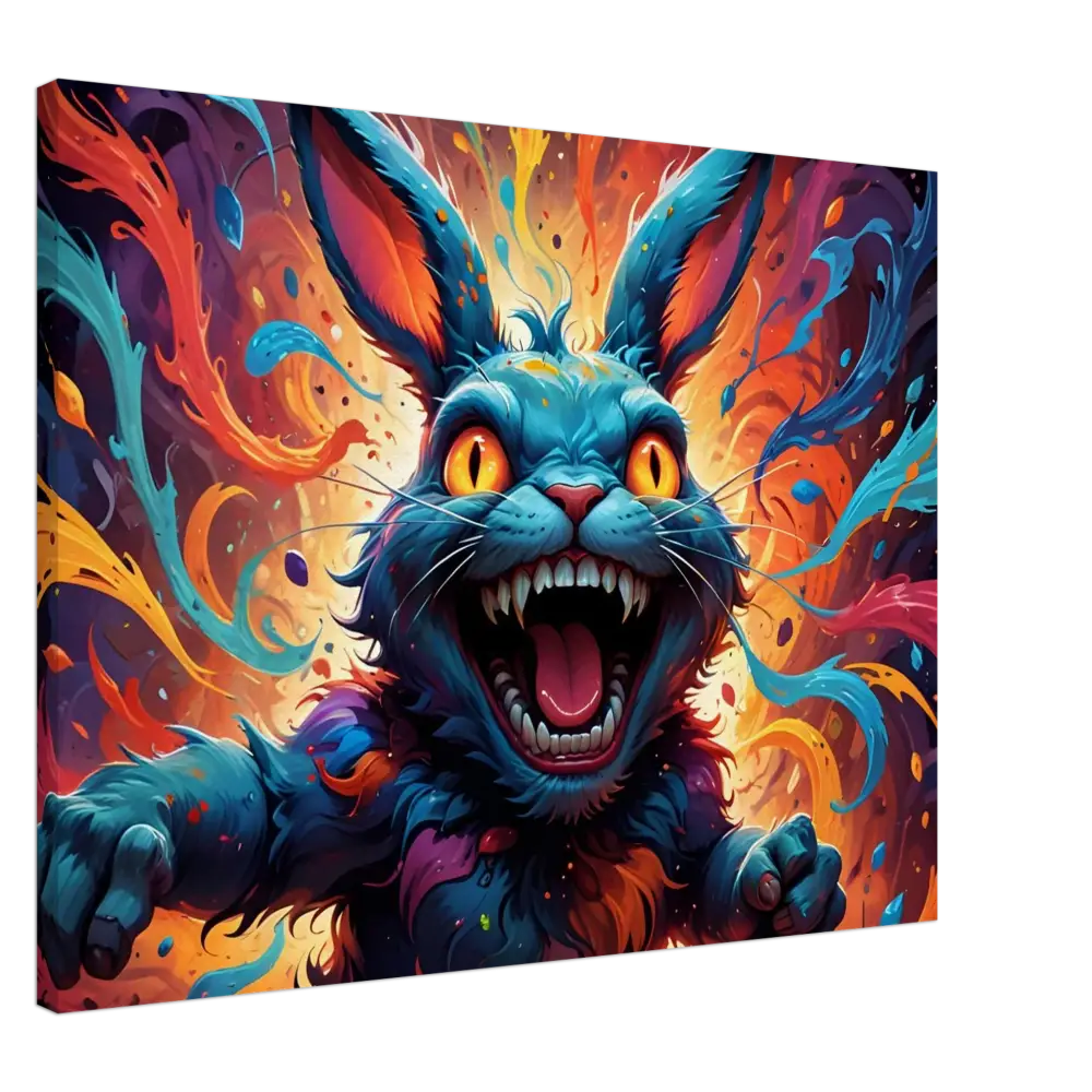 Colorful fearsome rabbit canvas art from PixiOnyx Burnstroke Series Inferno Giggle Series