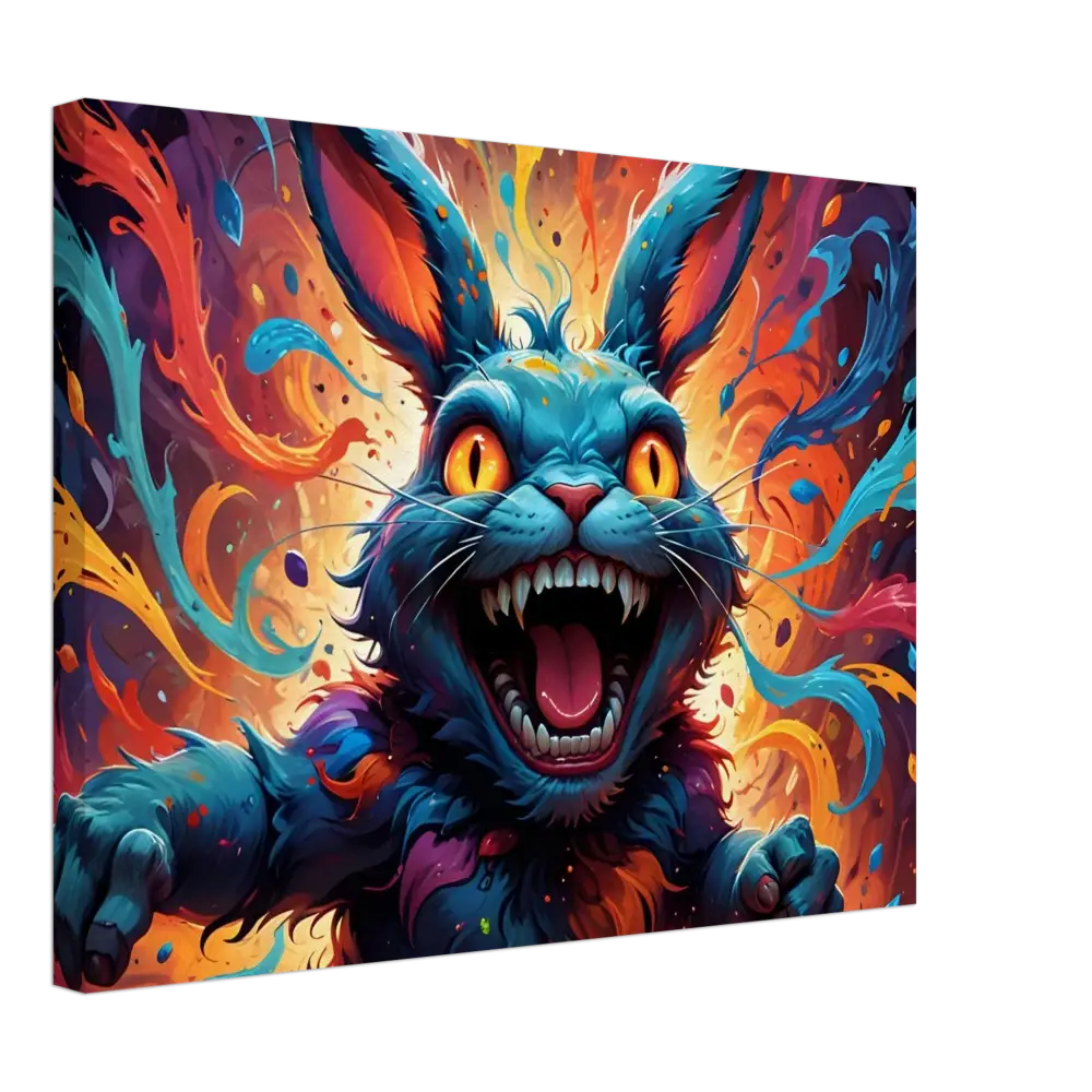 Colorful menacing rabbit canvas from PixiOnyx Burnstroke Series Inferno Giggle Psycho Cottontail Quartet