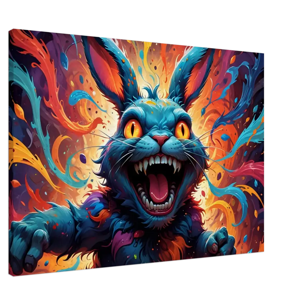 Colorful menacing rabbit painting from PixiOnyx Burnstroke Series Canvas Inferno Giggle