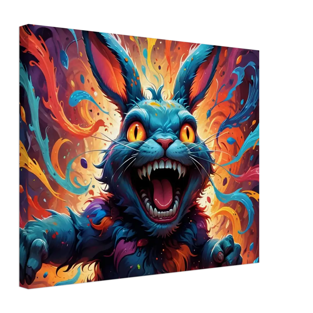 Colorful menacing rabbit canvas art from PixiOnyx Burnstroke Series for striking wall decor