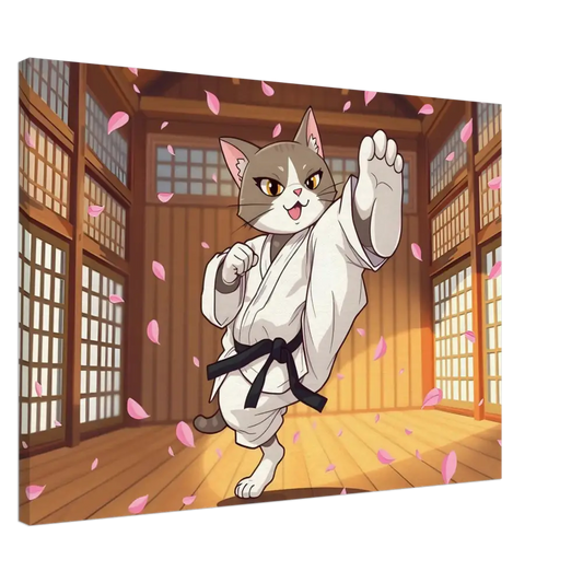 Cartoon Cat in Karate Gi for Canvas Cherry Blossom Showdown PixiOnyx Whimsical Combat