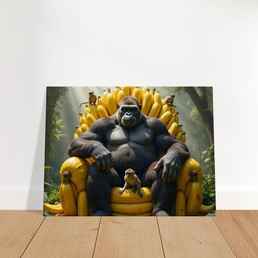 Gorilla king sitting on a banana throne in Canvas – King Kong’s Banana Throne by PixiOnyx