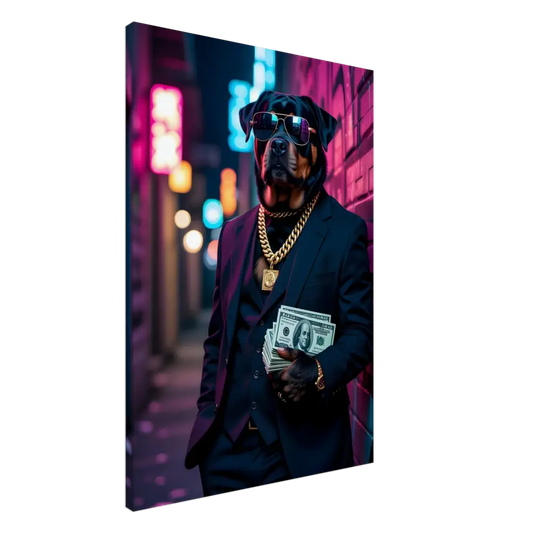 Rottweiler in suit holding money for Canvas Kingpin K9 PixiOnyx Urban Alpha Canvas