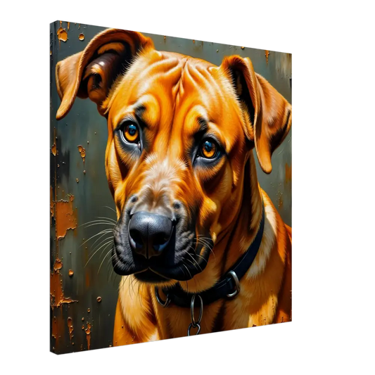 Painting of a sad brown Rhodesian Ridgeback with black collar in deep color tones, a powerful tribute