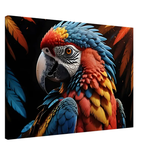 Colorful Macaw Parrot displayed on Canvas – Macaw Ascendant by PixiOnyx Nature Majesty