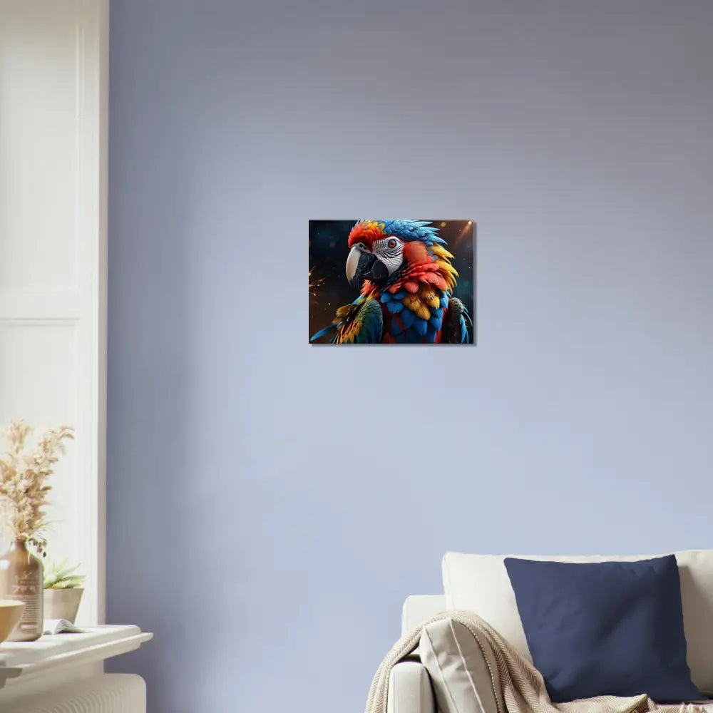 Colorful Macaw Wall Art on Canvas named Macaw Firelight by PixiOnyx Feathered Inferno
