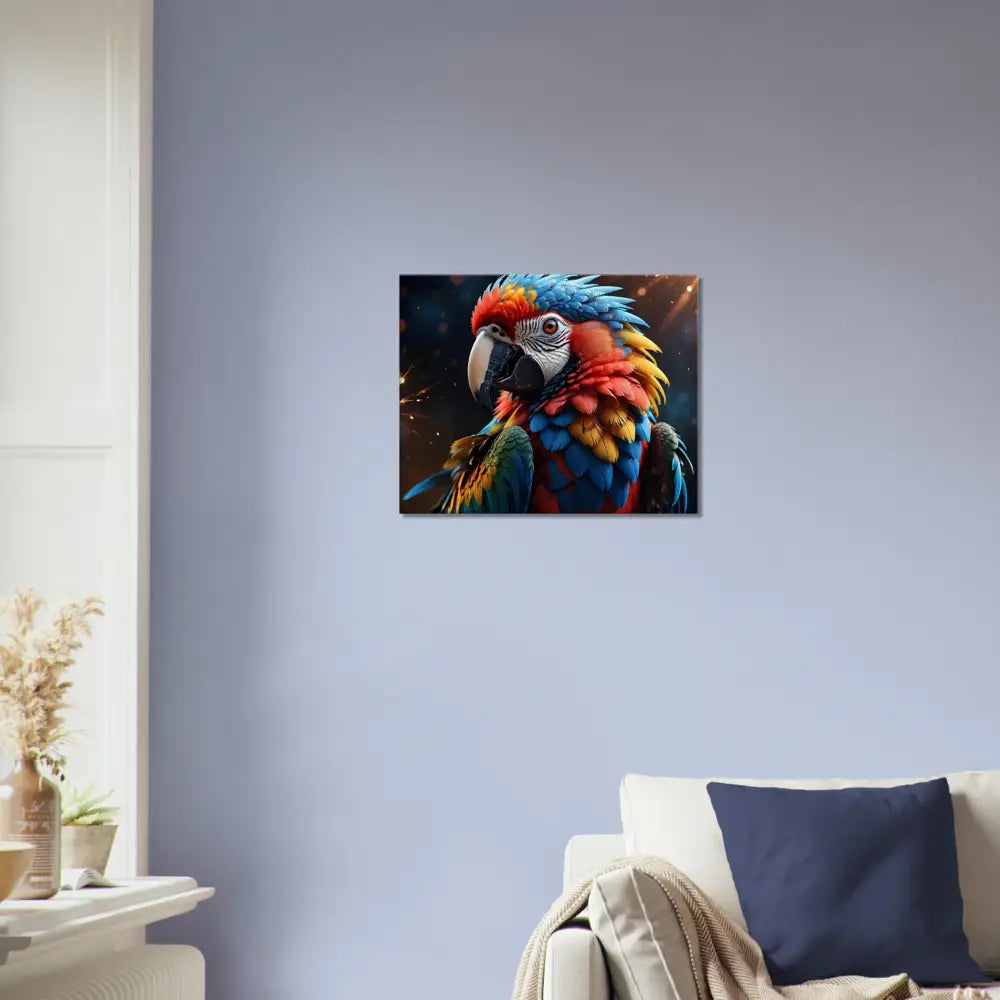 Colorful Macaw Art Print on Canvas named Macaw Firelight by PixiOnyx Feathered Inferno