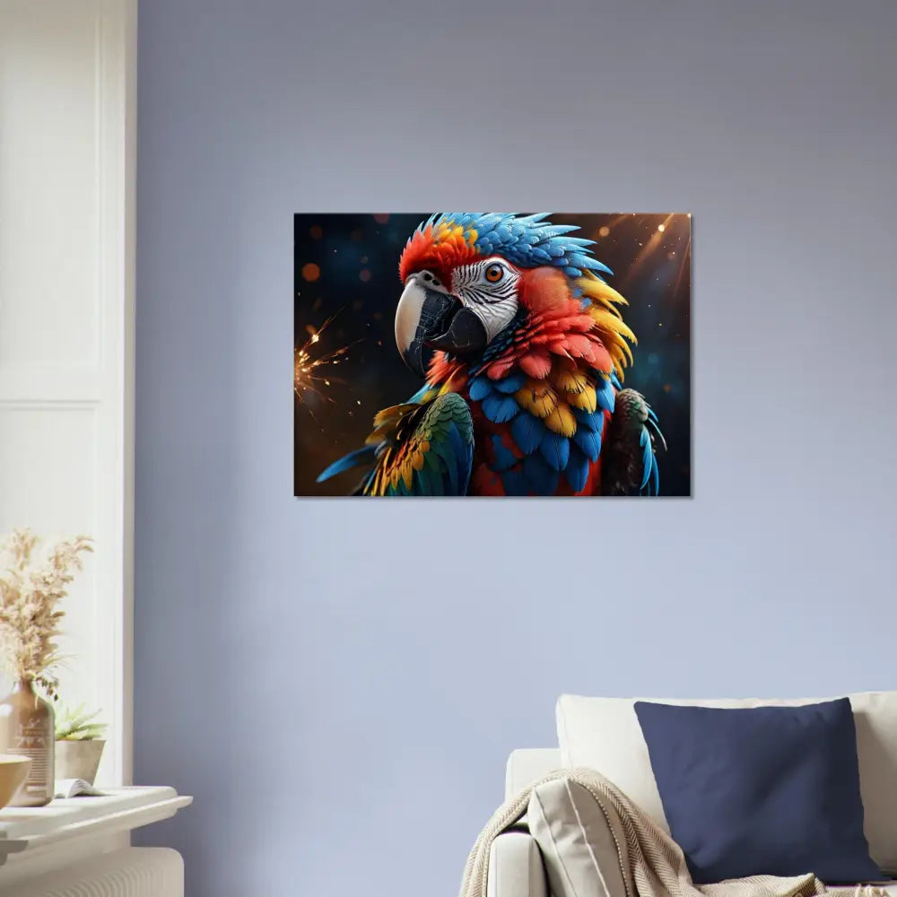 Colorful parrot art print on Canvas Macaw Firelight by PixiOnyx Feathered Inferno