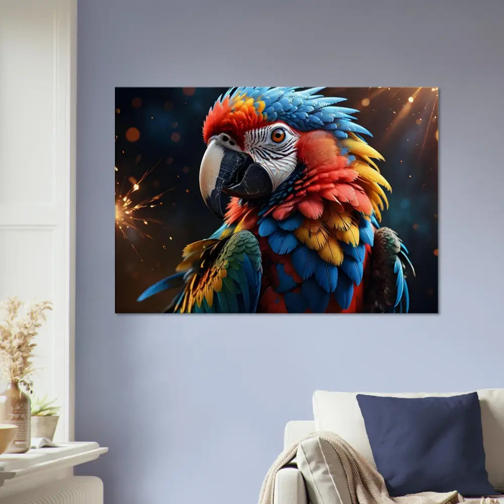 Colorful Macaw Portrait on Canvas in PixiOnyx Feathered Inferno Nature Collection