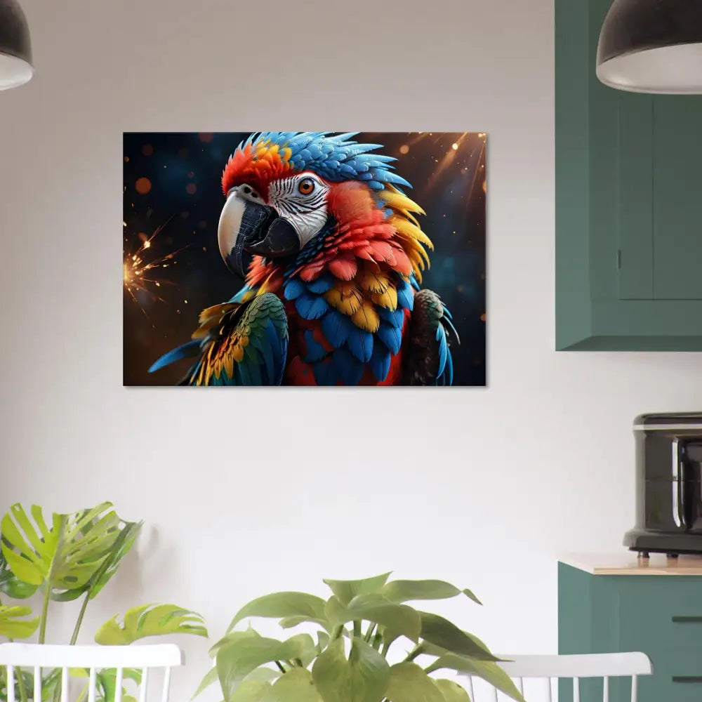 Colorful parrot wall art displayed on Canvas Macaw Firelight PixiOnyx Feathered Inferno