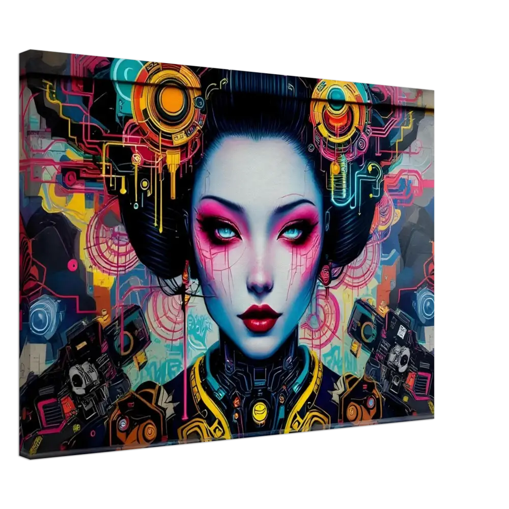 Cyberpunk Geisha artwork on Canvas – Mech Shrine Geisha by PixiOnyx Urban Circuit Icon