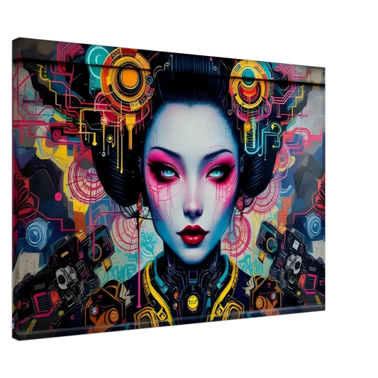 Cyberpunk geisha artwork displayed on Canvas Mech Shrine Geisha PixiOnyx Urban Circuit Icon