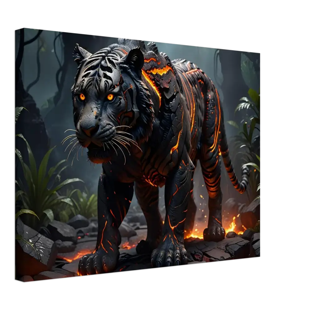 Black tiger with fiery lava accents on Canvas Molten Majesty PixiOnyx Naturebound Firecore Fantasy