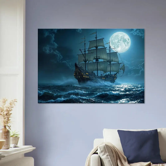 Moonlit sailing ship canvas artwork from PixiOnyx Cinematic Seascape collection