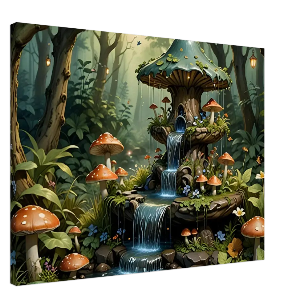 Enchanting mushroom fountain in whimsical forest for Canvas Mushroom Cascade Shrine by PixiOnyx
