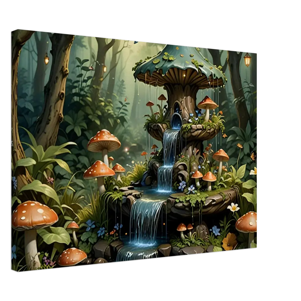 Whimsical mushroom fountain in lush forest for Canvas Mushroom Cascade Shrine PixiOnyx