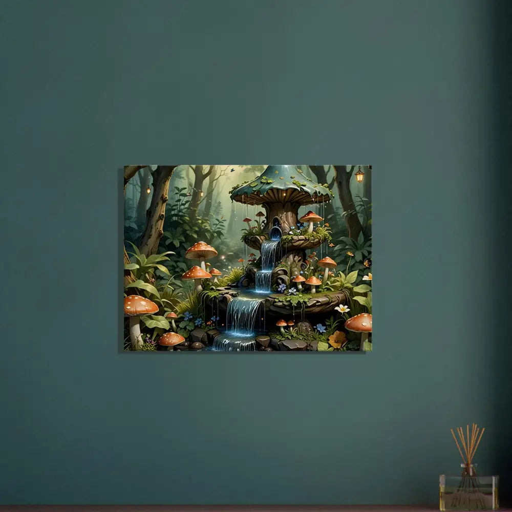Mushroom fountain in whimsical forest scene from Canvas Mushroom Cascade Shrine PixiOnyx