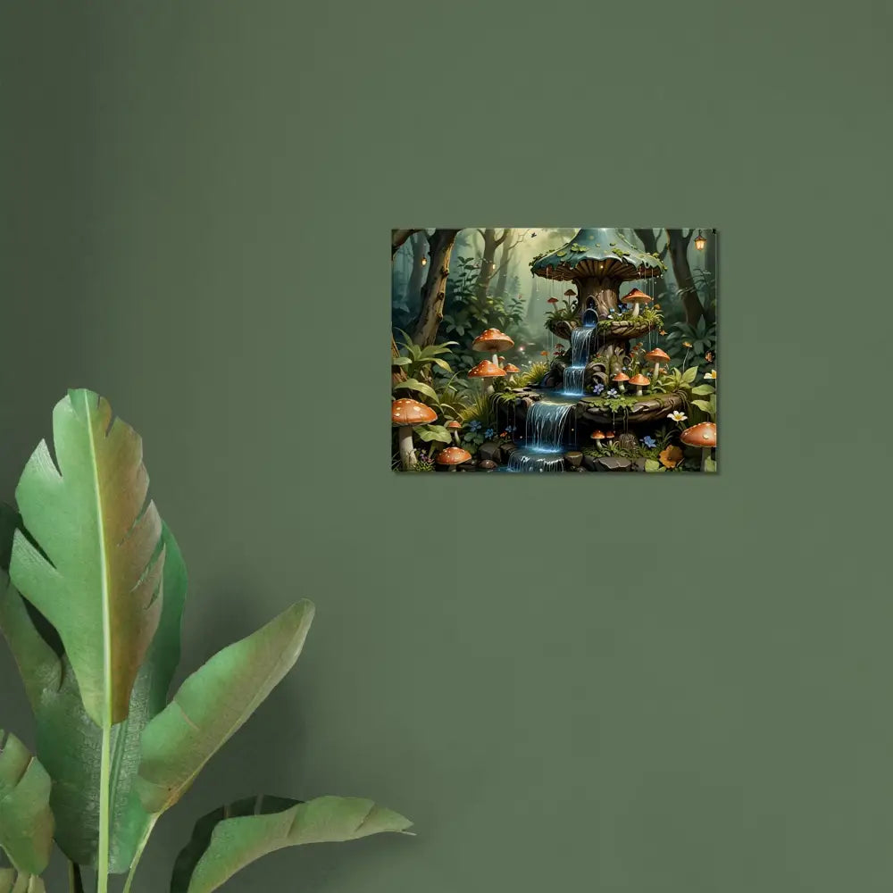 Enchanted Mushroom Waterfall Artwork displayed on Canvas Mushroom Cascade Shrine PixiOnyx Fantasy Nature Display