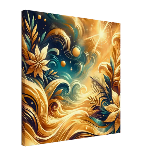 Abstract golden floral canvas art from PixiOnyx Nebula Bloom Cascade Cosmic Nature series
