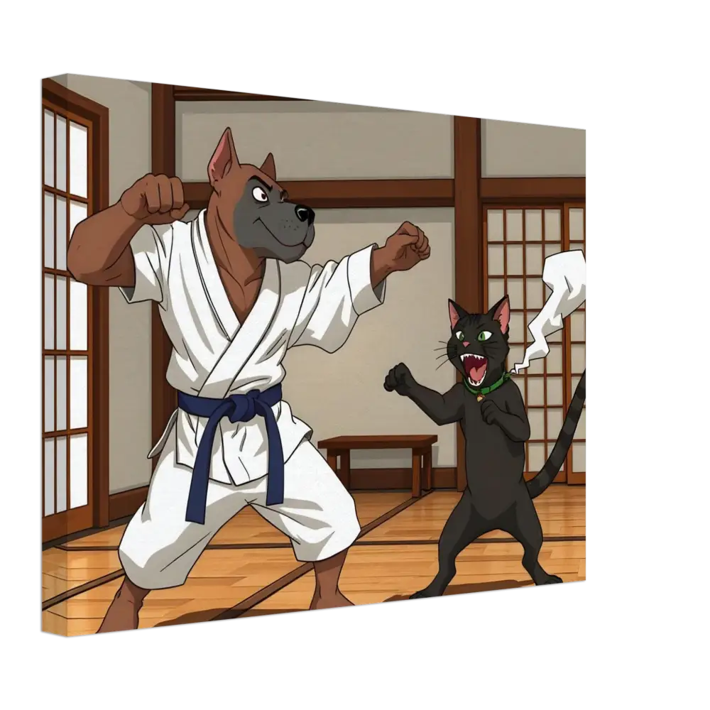 Cartoon Dog and Cat Karate Match on Canvas for Paws of Fury PixiOnyx Martial Mayhem