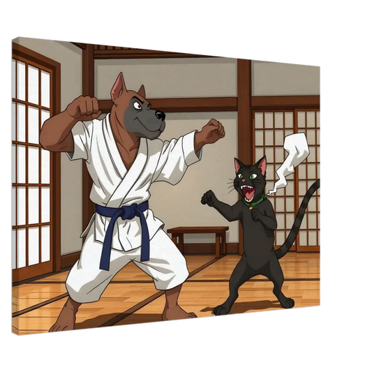 Cartoon dog and cat in karate battle on Canvas Paws of Fury PixiOnyx Martial Mayhem