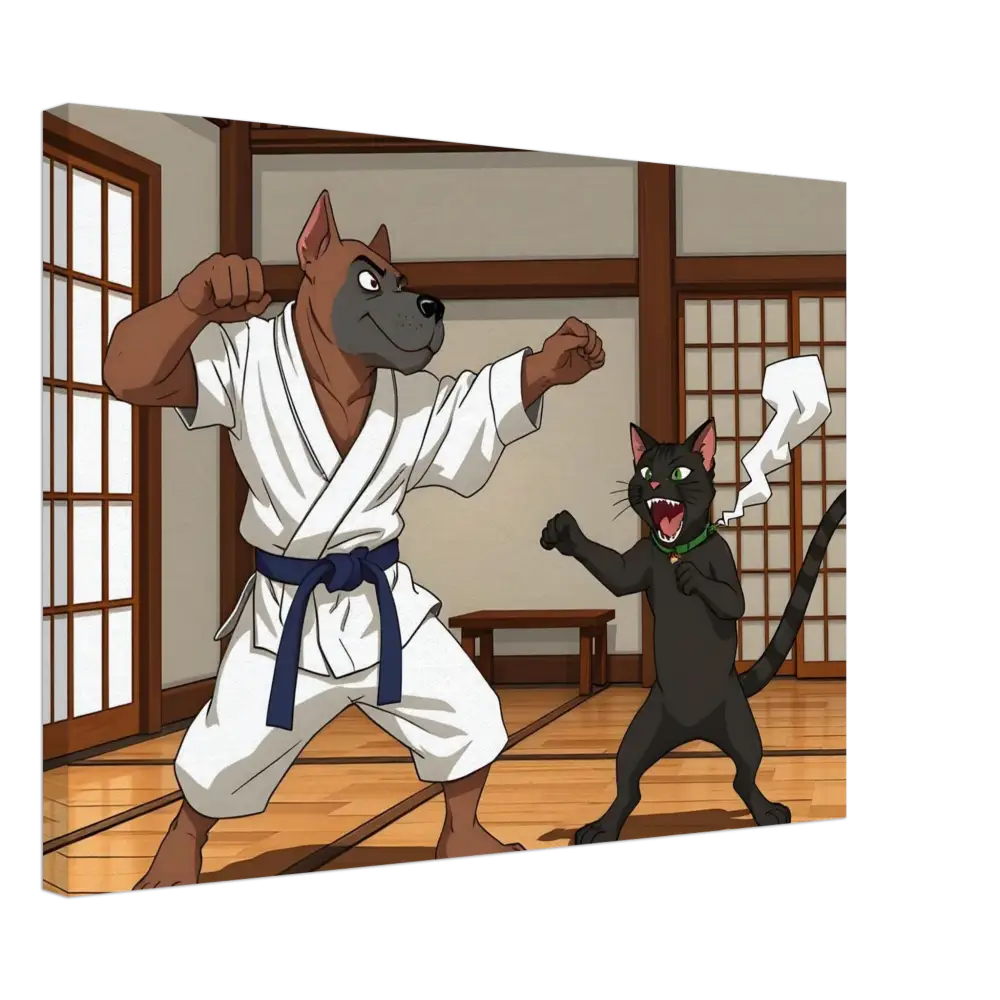 Cartoon dog and cat clash in martial arts match on Canvas Paws of Fury product display