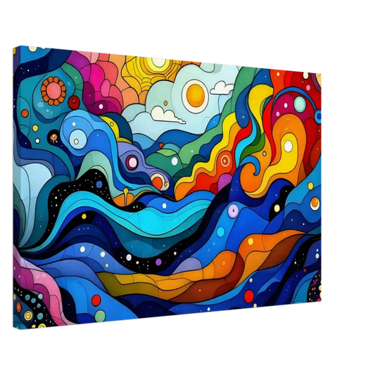 Colorful abstract landscape painting on layered spectrum canvas print for psychedelic wall art