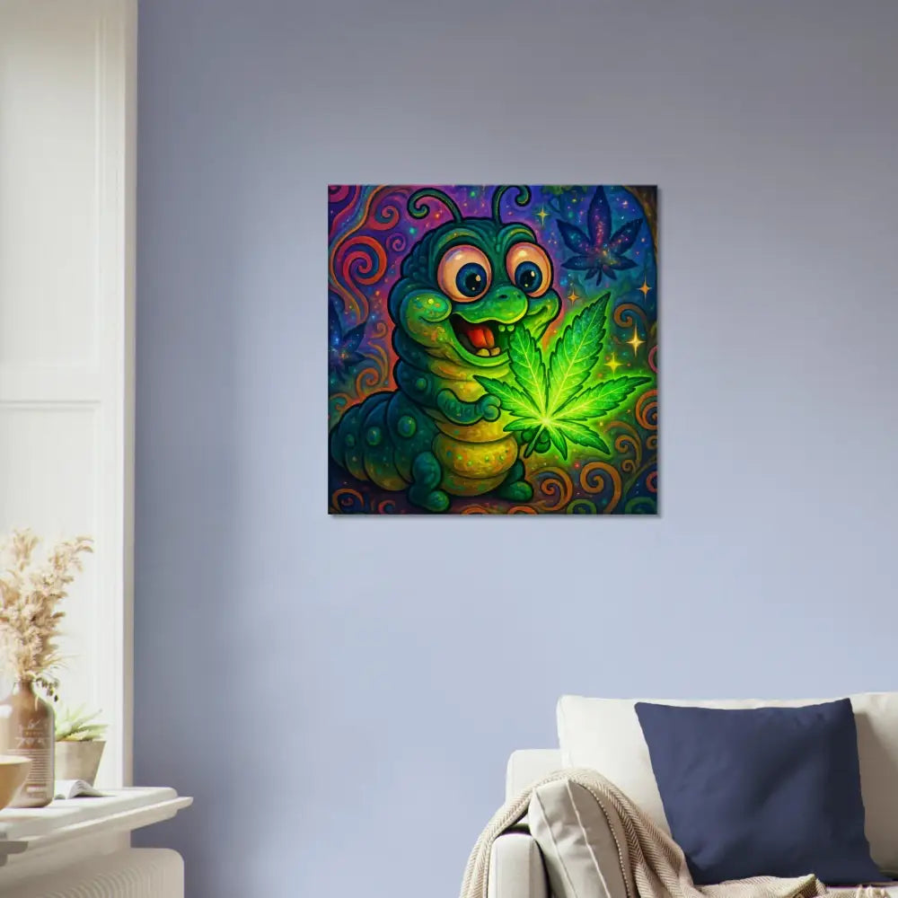 Cartoon caterpillar holding a cannabis leaf for Canvas Print Leaf Me Alone I m Vibin Wall Art