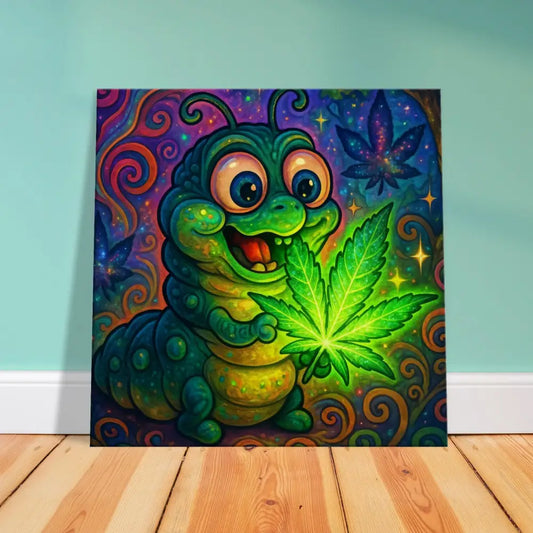 Cartoon caterpillar holding a glowing cannabis leaf for Canvas Print Leaf Me Alone by PixiOnyx