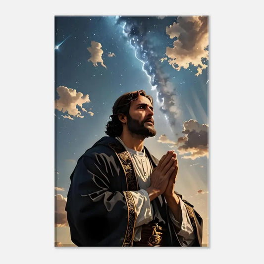 Religious figure praying under a dramatic sky in Canvas Print Prayer to the Cosmos PixiOnyx