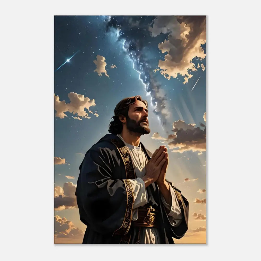 Jesus praying under a dramatic sky canvas print for Prayer to the Cosmos PixiOnyx