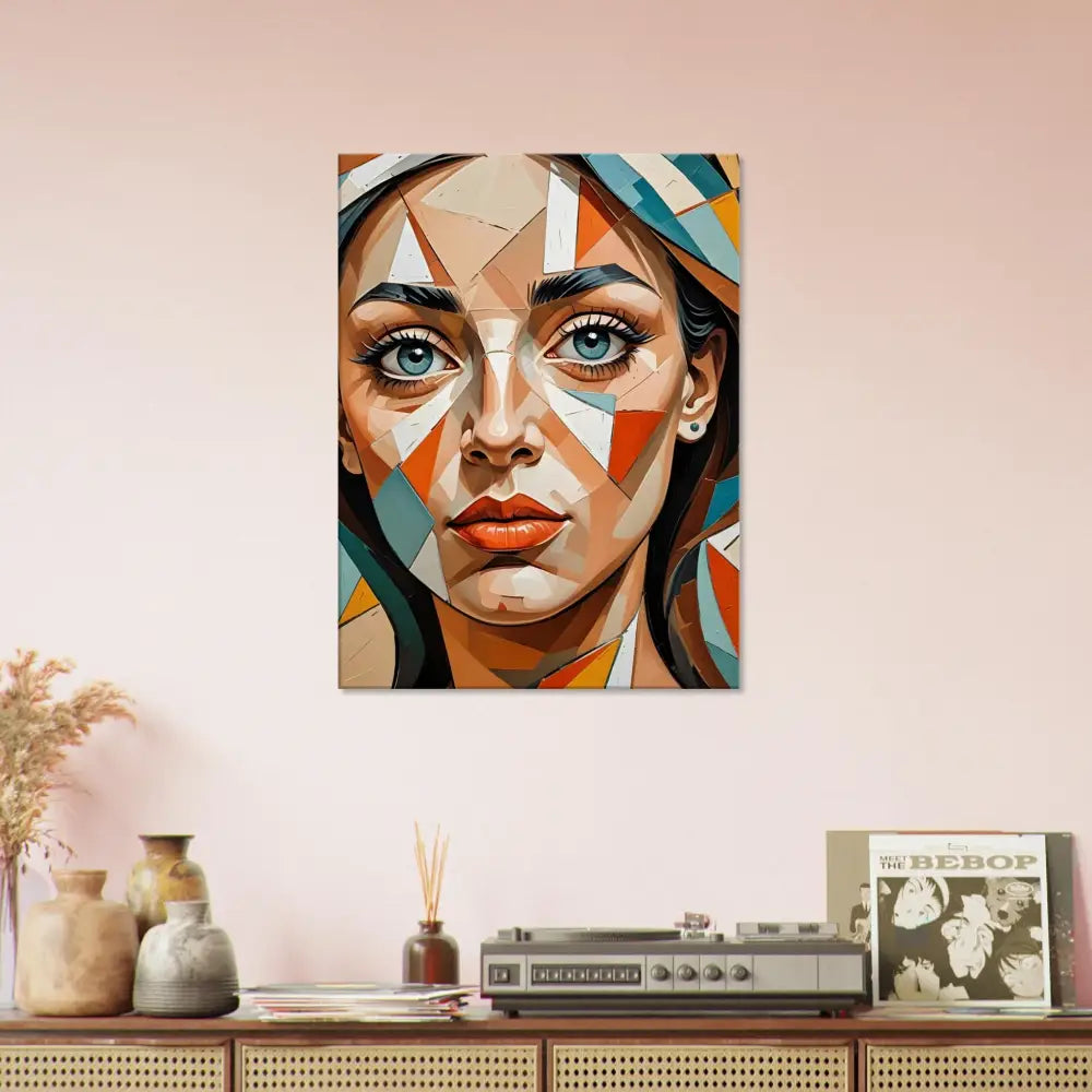 Geometric portrait of a woman displayed on PixiOnyx Dreamscape Canvas