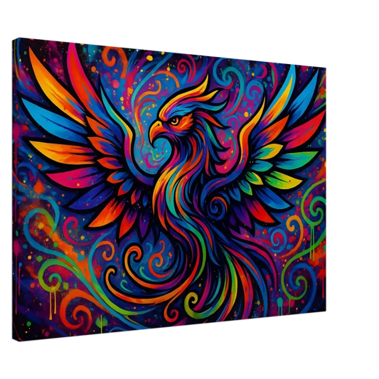 Colorful phoenix painting on neon flame canvas art by PixiOnyx Abstract Psychedelic Graffiti Wall Art