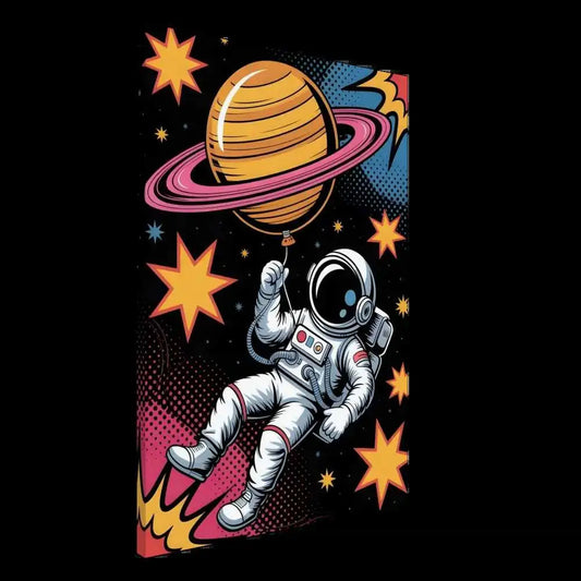Astronaut holding a Saturn balloon on artist-grade cotton-poly fade-proof canvas artwork