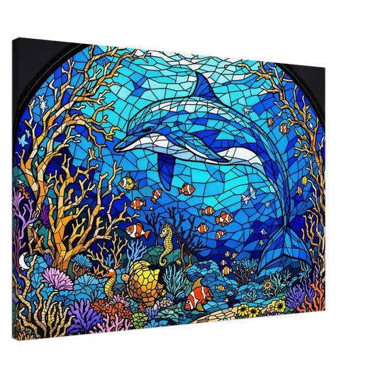 Stained-glass dolphin ocean scene on Canvas Sea Cathedral by PixiOnyx Oceanlight Relic