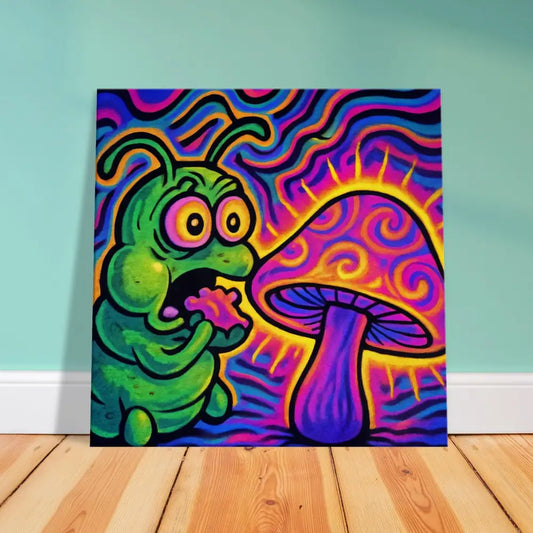 Psychedelic caterpillar and mushroom painting on Canvas Shroomapillar Snack Attack by PixiOnyx