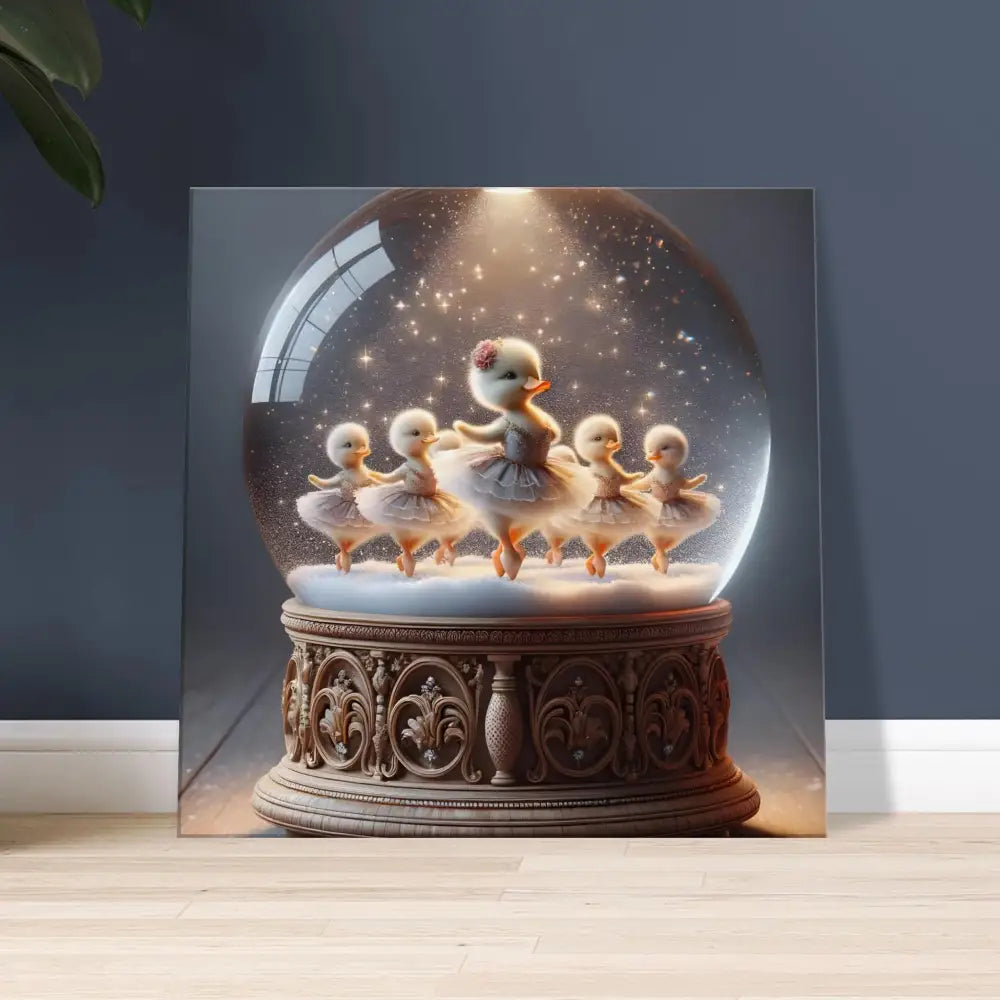 Duckling ballerina snow globe displayed on PixiOnyx Whimsical Winter Print Canvas