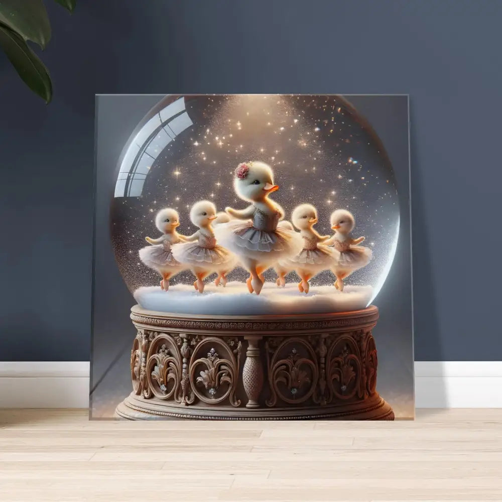 Duckling ballerina snow globe on winter print for PixiOnyx whimsical holiday decor