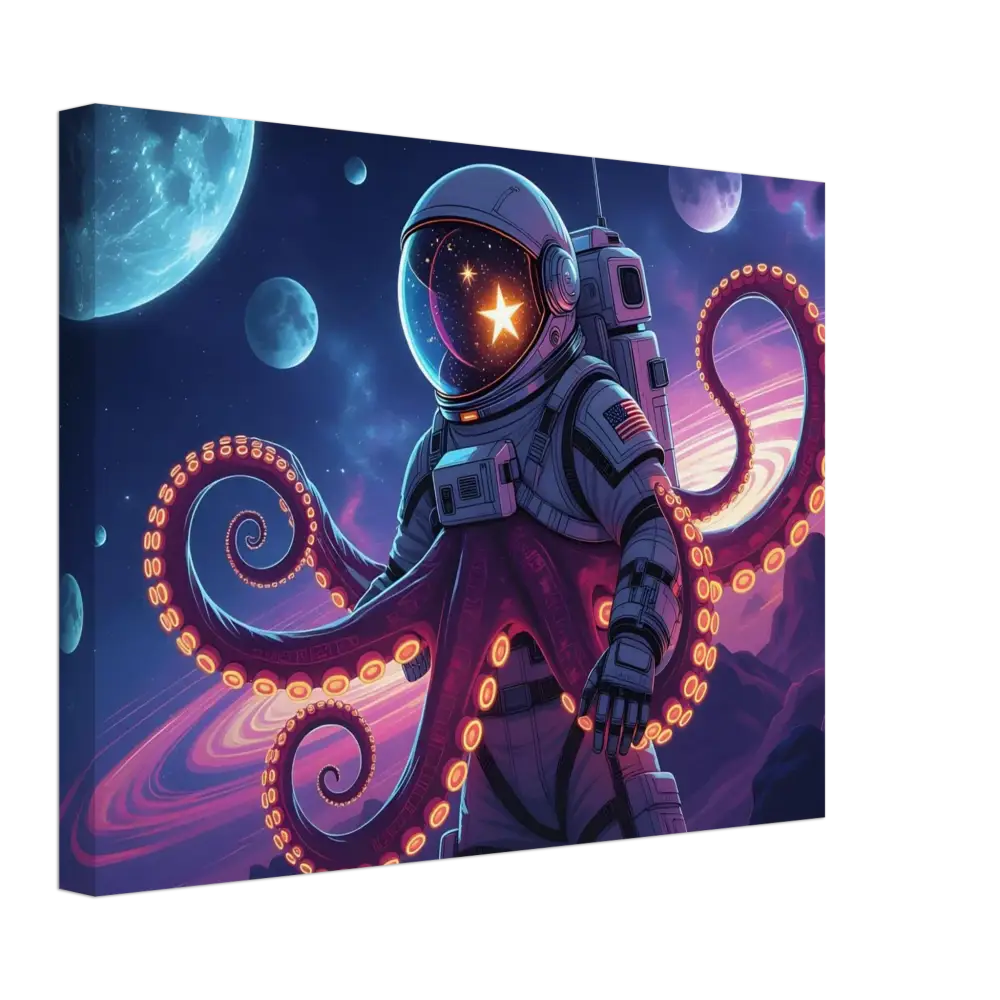 Astronaut with octopus tentacles canvas art for space and surreal decor at PixiOnyx