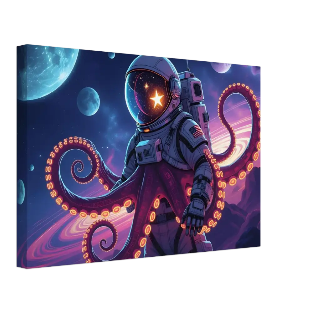 Astronaut octopus canvas art displayed on PixiOnyx Galactic Surreal Wrap product