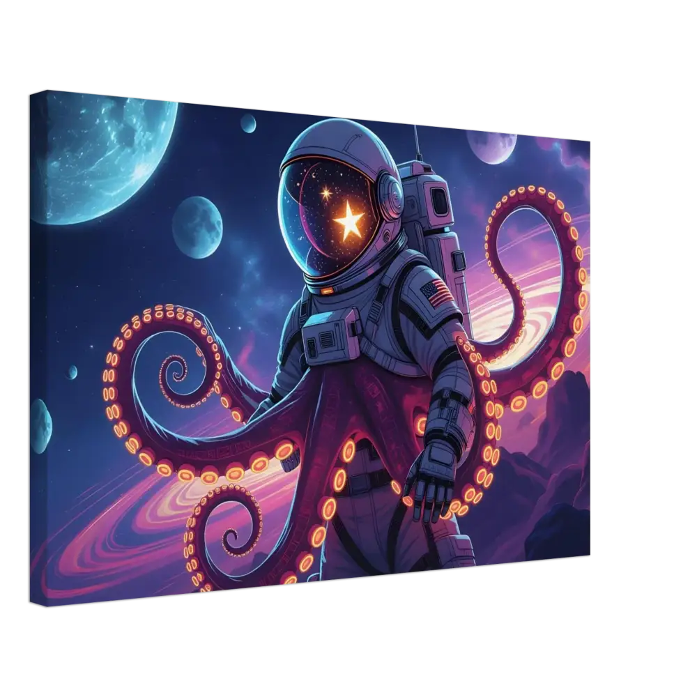 Astronaut with octopus tentacles floating in space on PixiOnyx Galactic Surreal Wrap
